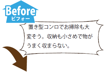 施工前　置き型コンロでお掃除も大変そう。収納も小さめで物がうまく収まらない。